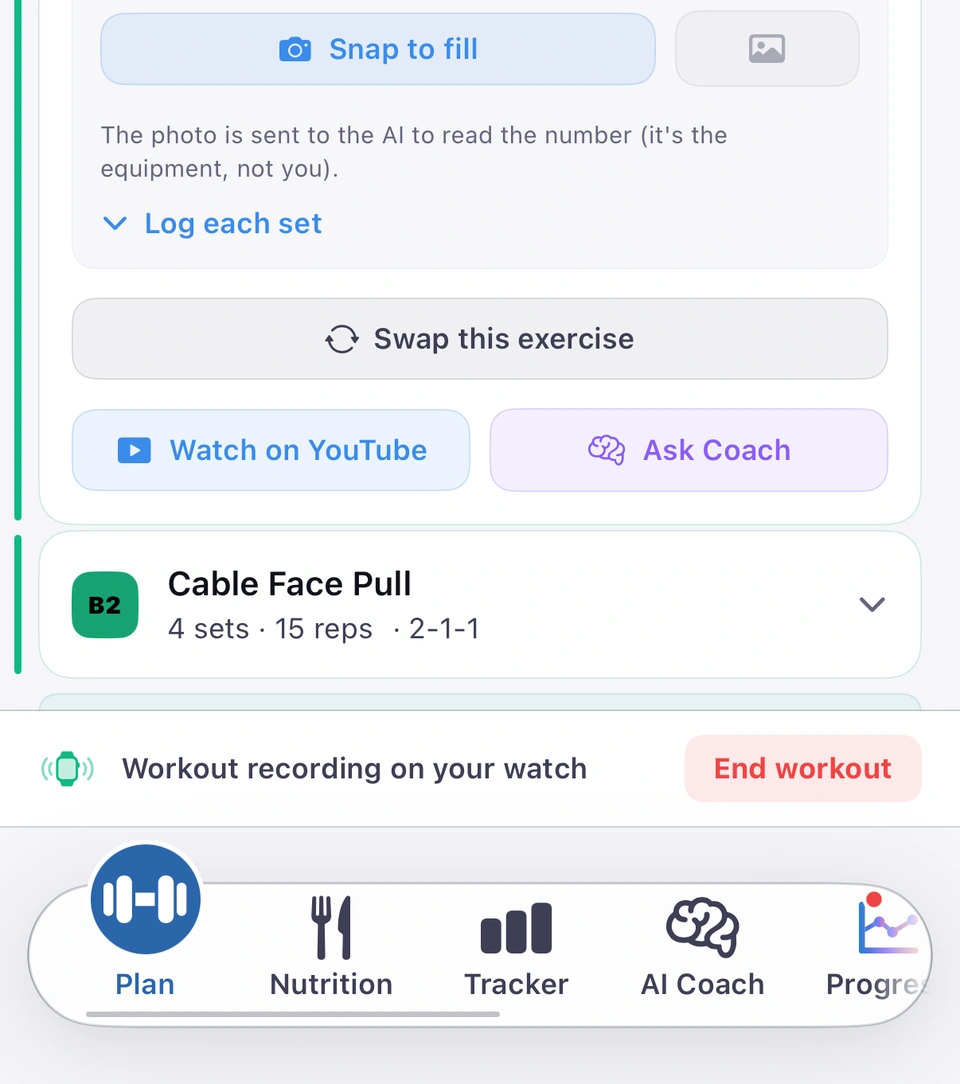 The Plan tab between exercises, with the Workout recording on your watch bar and its End workout button just above the tab bar.