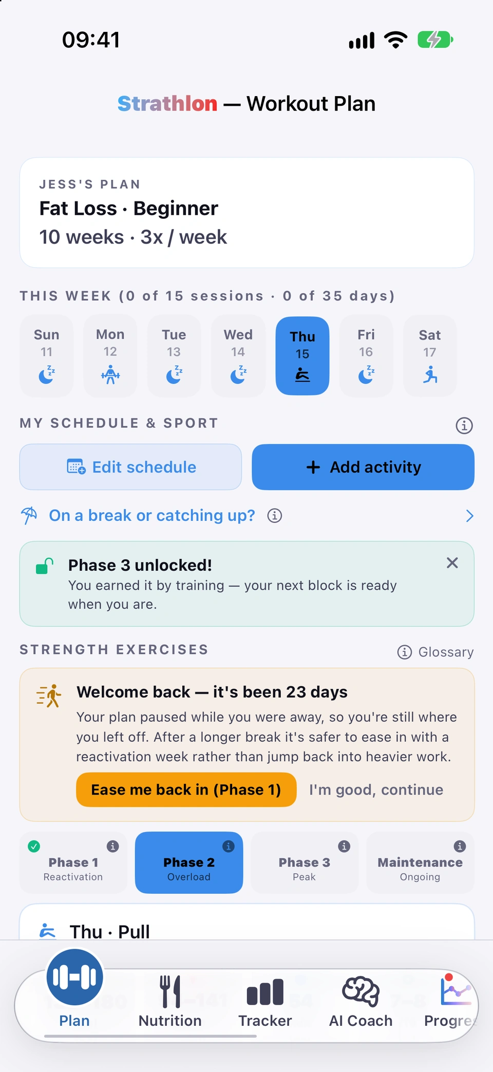 The Plan tab's 'Welcome back' banner after a training gap, with its two buttons: ease back in at Phase 1, or continue as before.