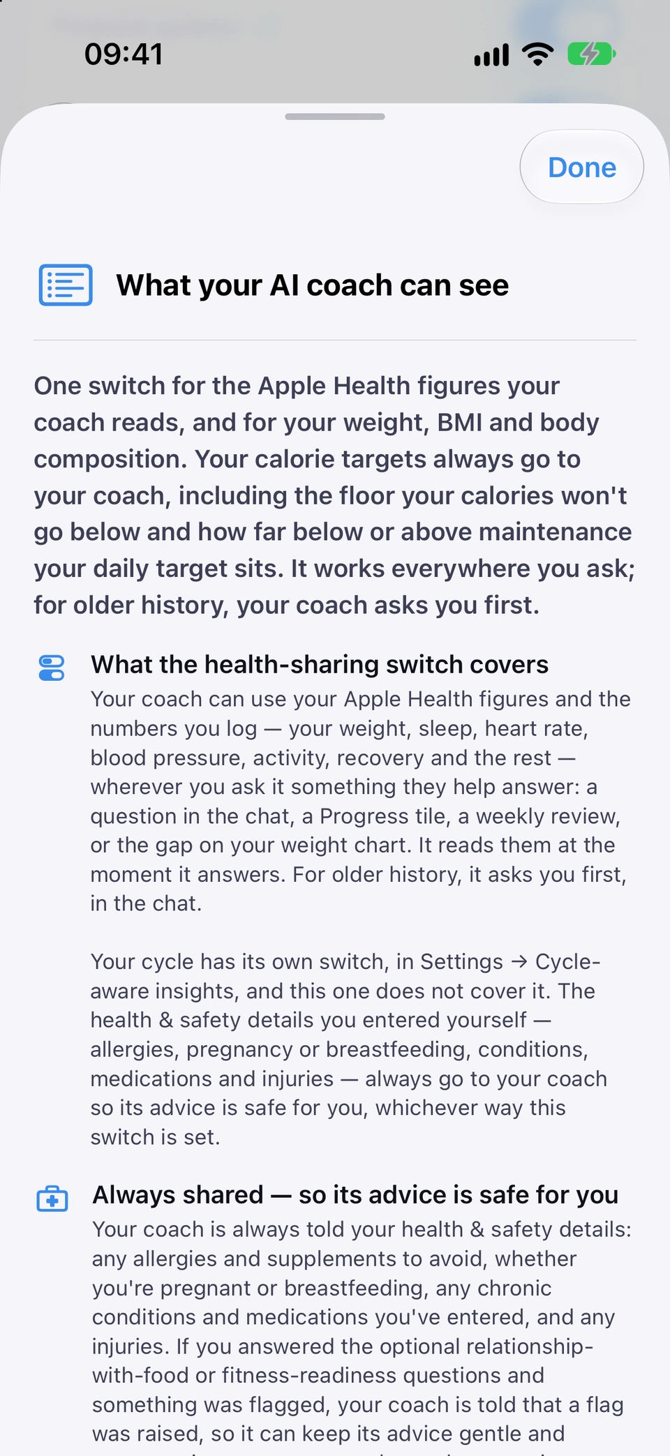 The What your AI coach can see sheet: one switch for the Apple Health figures your coach reads, then What the health-sharing switch covers and Always shared — so its advice is safe for you.