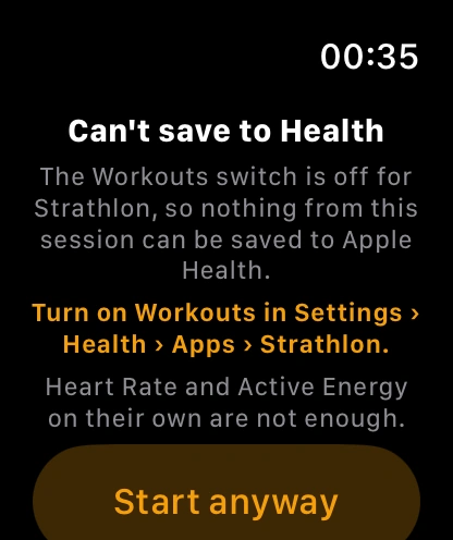 The watch screen Can't save to Health: the Workouts switch is off for Strathlon, so nothing from this session can be saved to Apple Health; Turn on Workouts in Settings › Health › Apps › Strathlon, and a Start anyway button.
