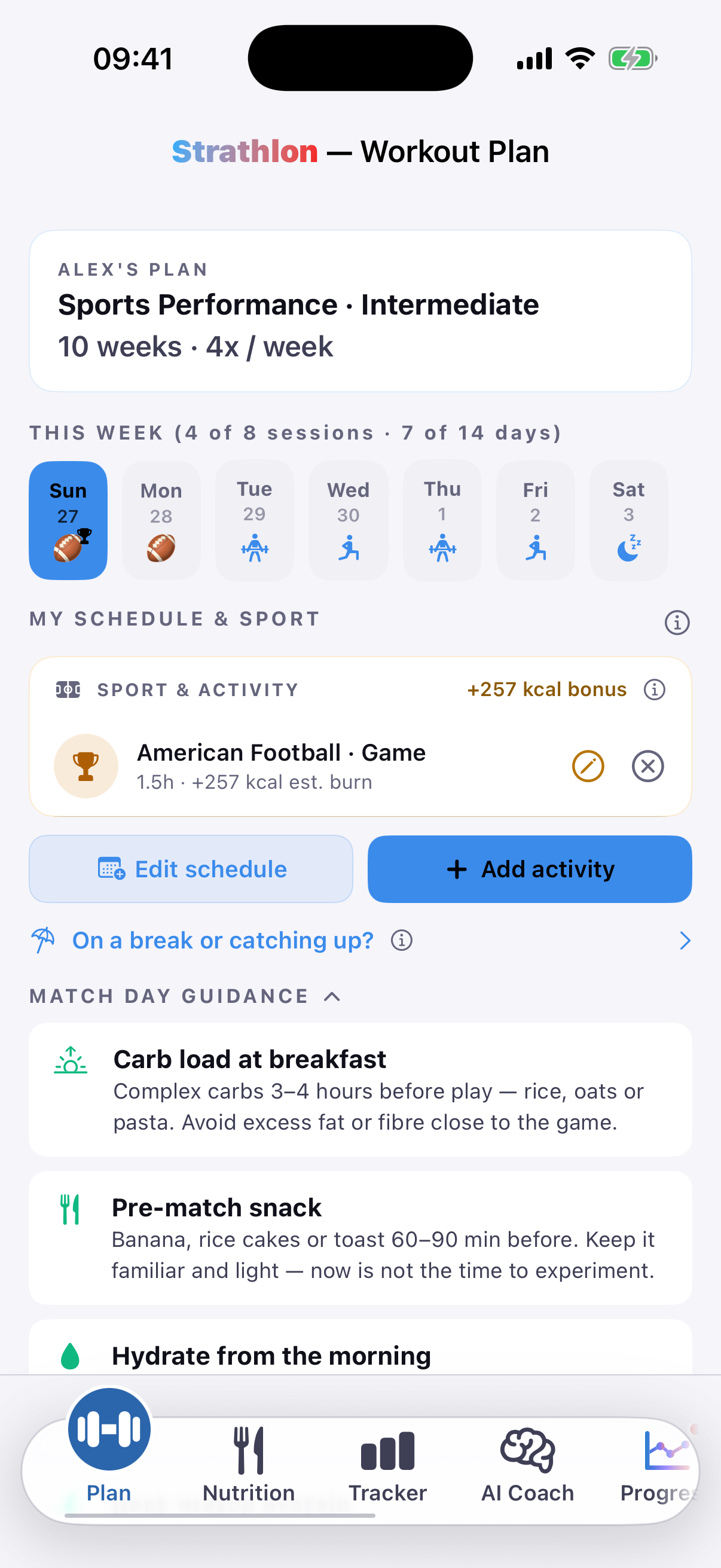 Strathlon's Plan tab with an American football session scheduled, showing its estimated calorie burn for the day.