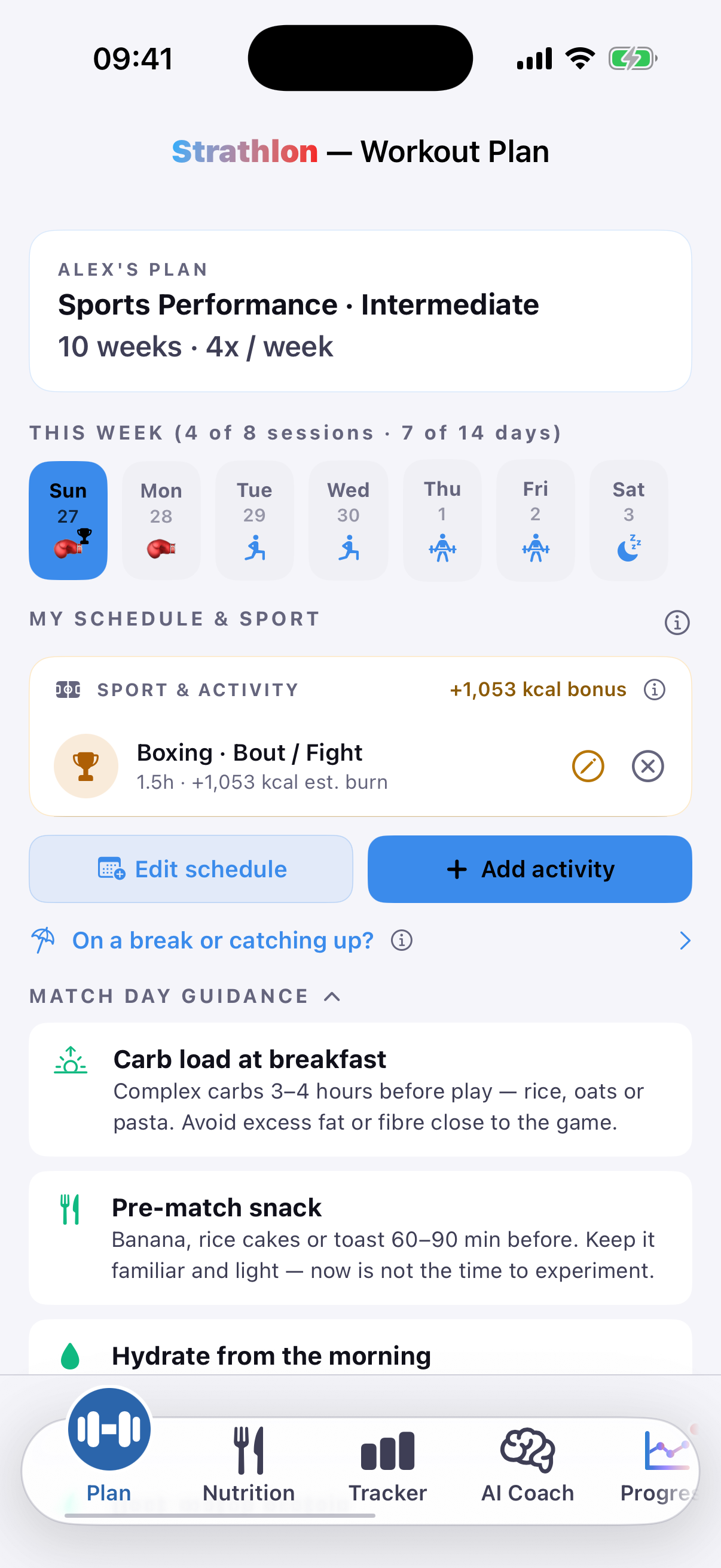 Strathlon's Plan tab with a boxing session scheduled, showing its estimated calorie burn for the day.