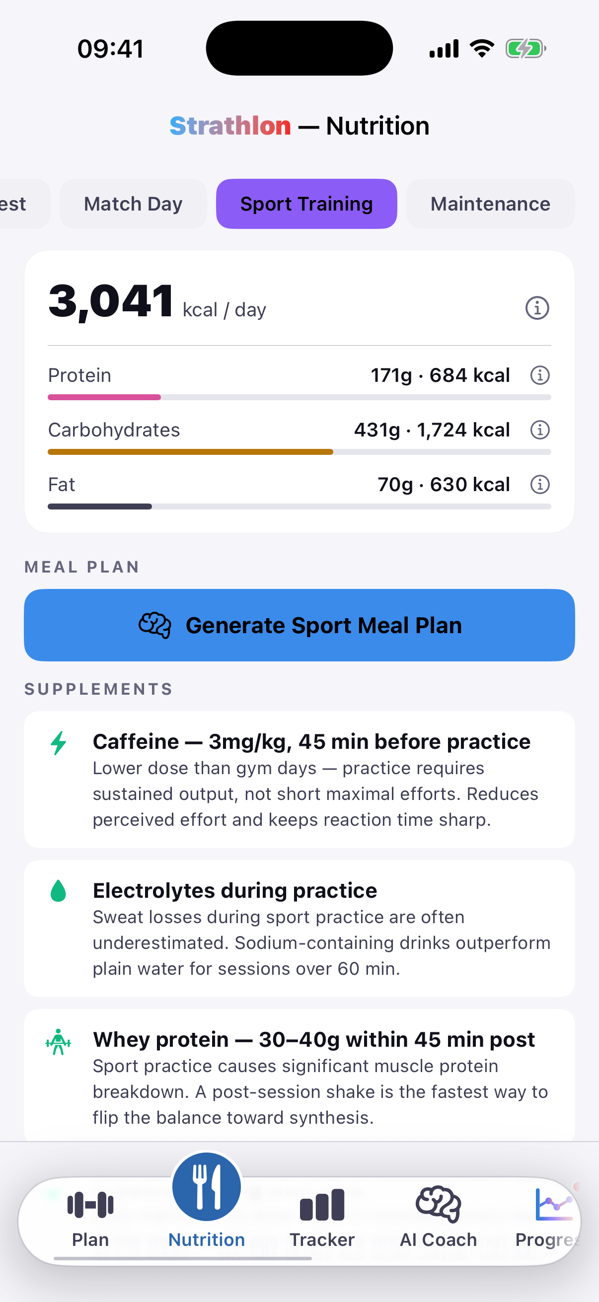 Strathlon's Nutrition tab showing cycling session-day calorie and macro targets