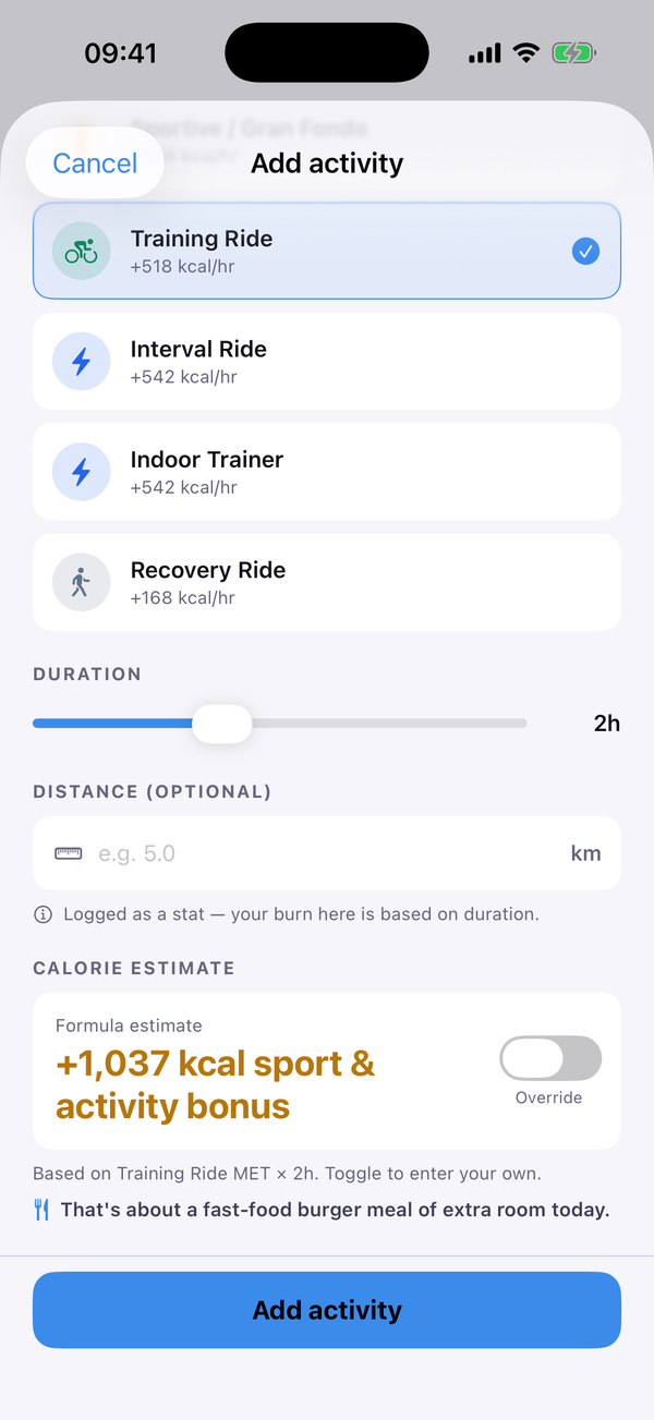 Strathlon Add activity screen with a long session being logged