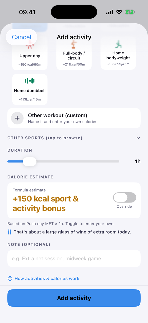 Strathlon Add activity screen with a strength session being logged so the day's calorie target adjusts