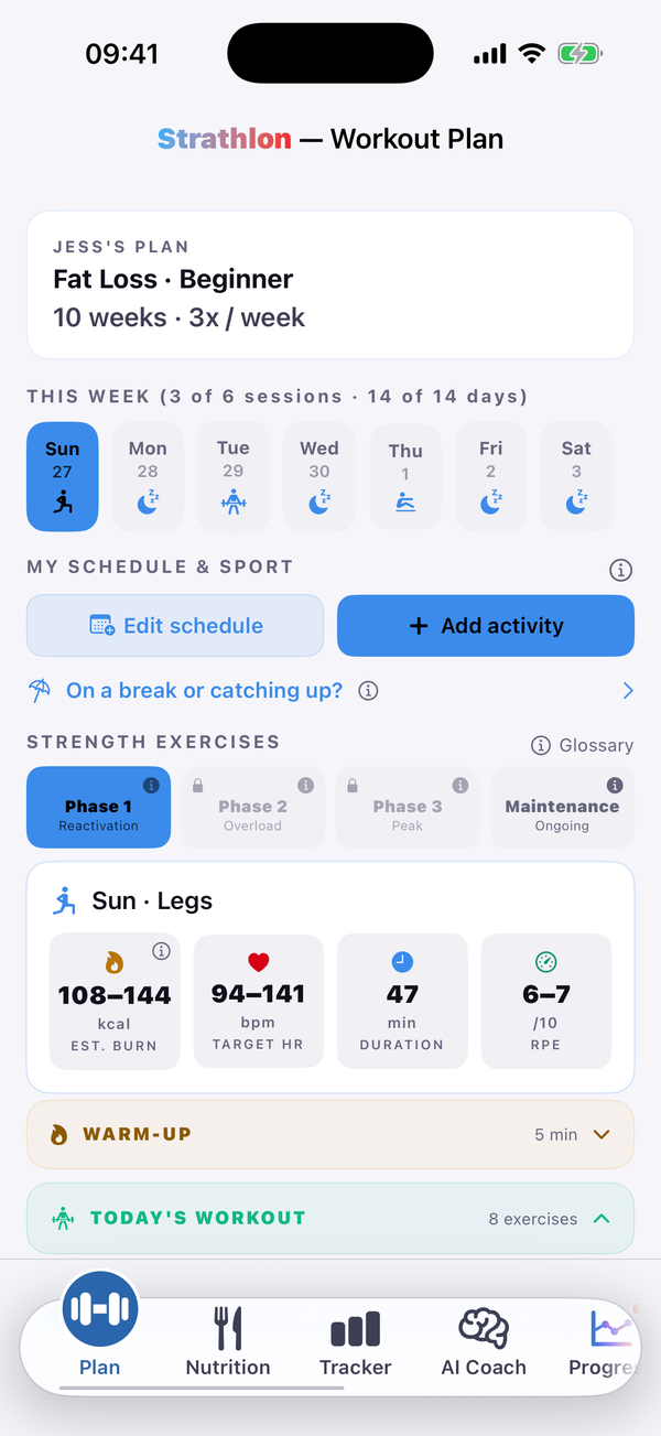 Strathlon Plan tab showing the Plus Add activity control used to log a training session so the day's calorie and fuelling targets adjust upward