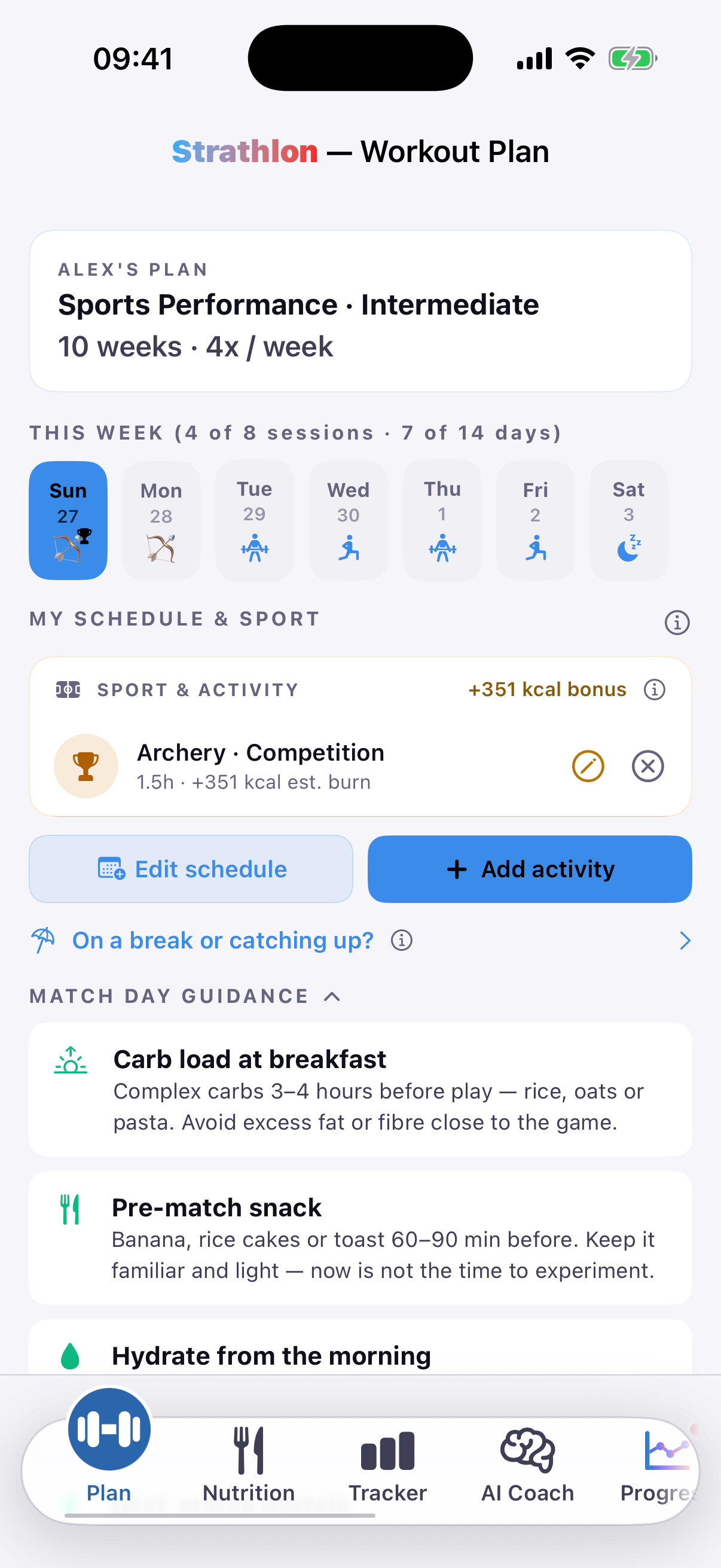 Strathlon's Plan tab with an archery session scheduled, showing its estimated calorie burn for the day.