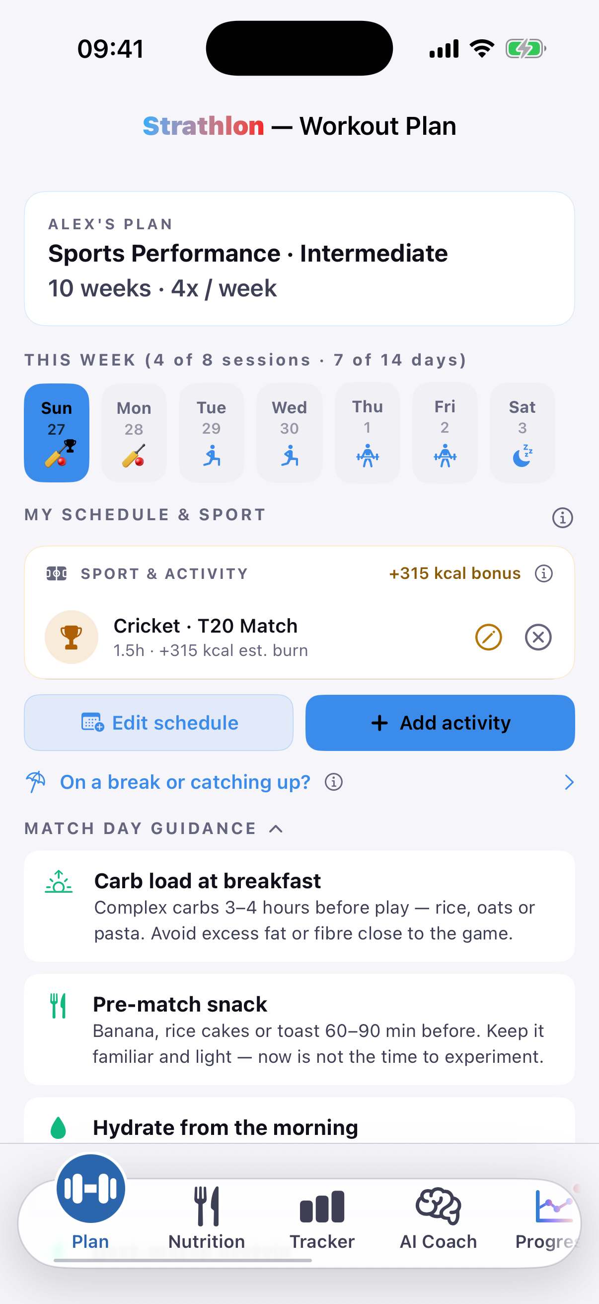 Strathlon's Plan tab with a cricket session scheduled for the week alongside the gym days Strathlon tunes toward it