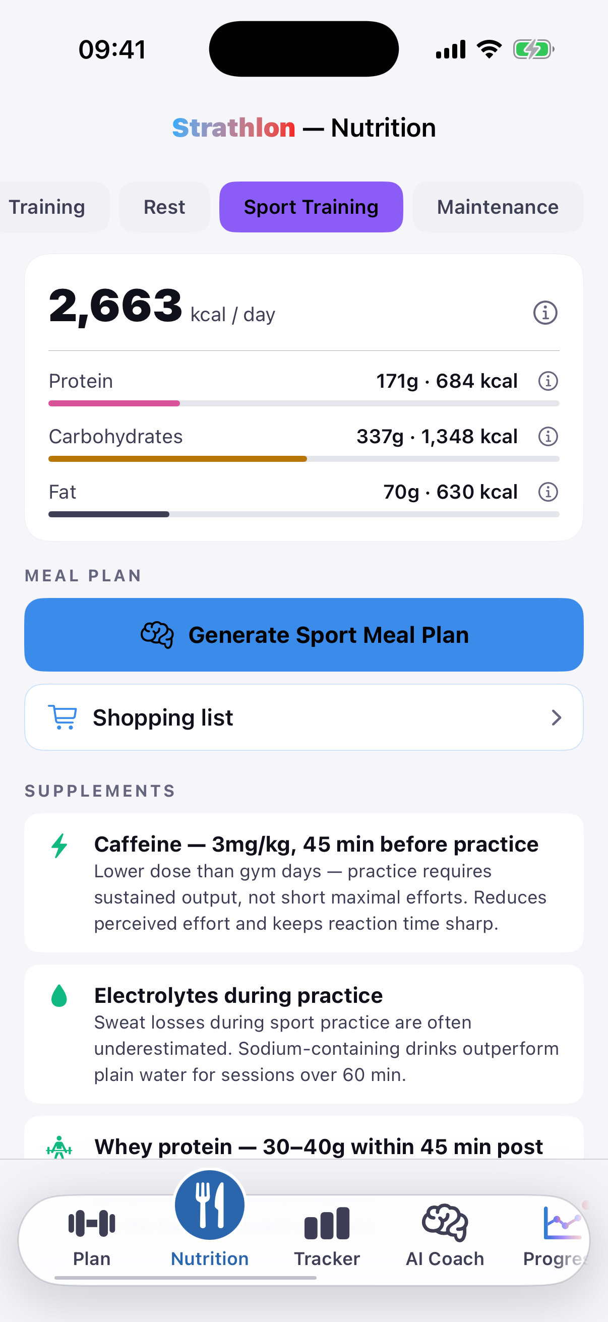 Strathlon's Nutrition tab showing calorie and macro targets for a gym workout day