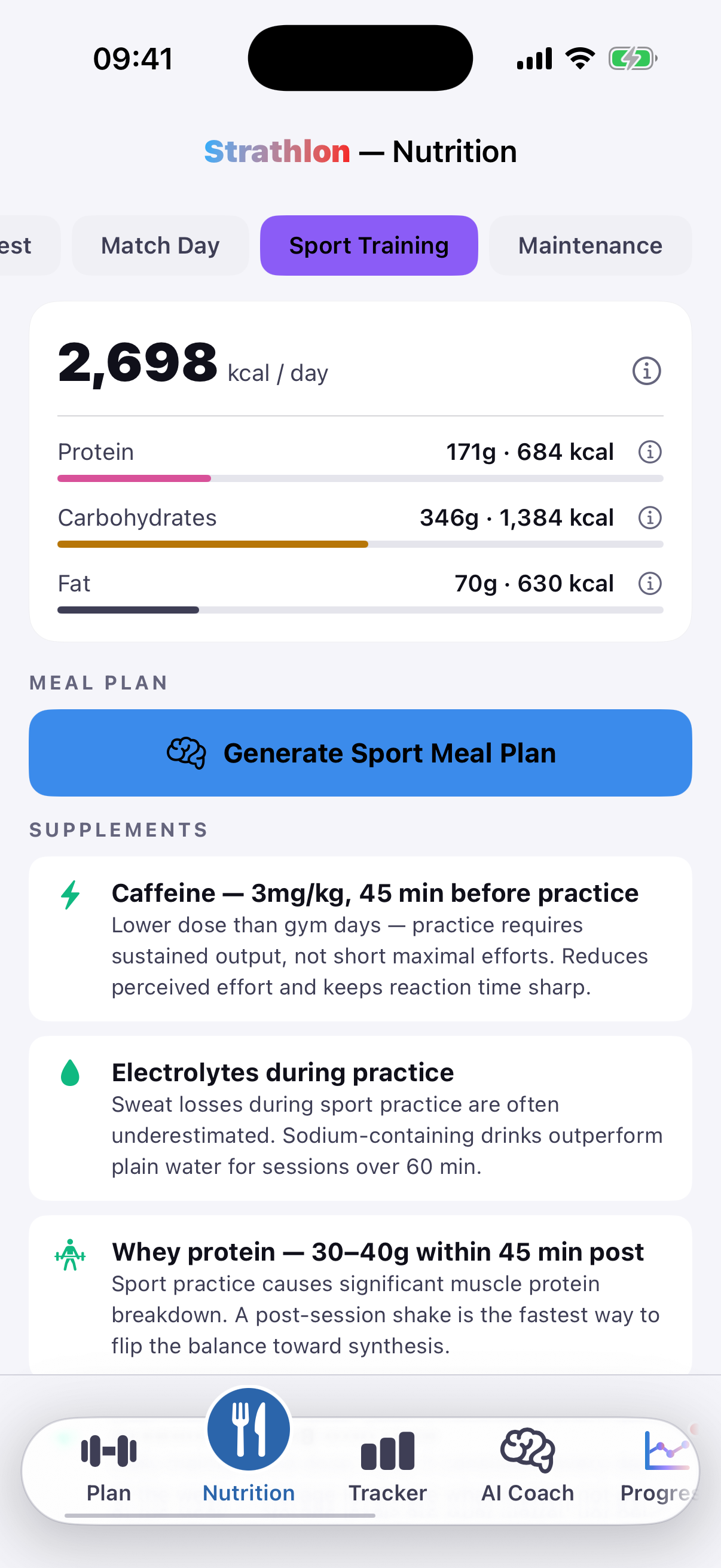 Strathlon's Nutrition tab showing rugby day calorie and macro targets