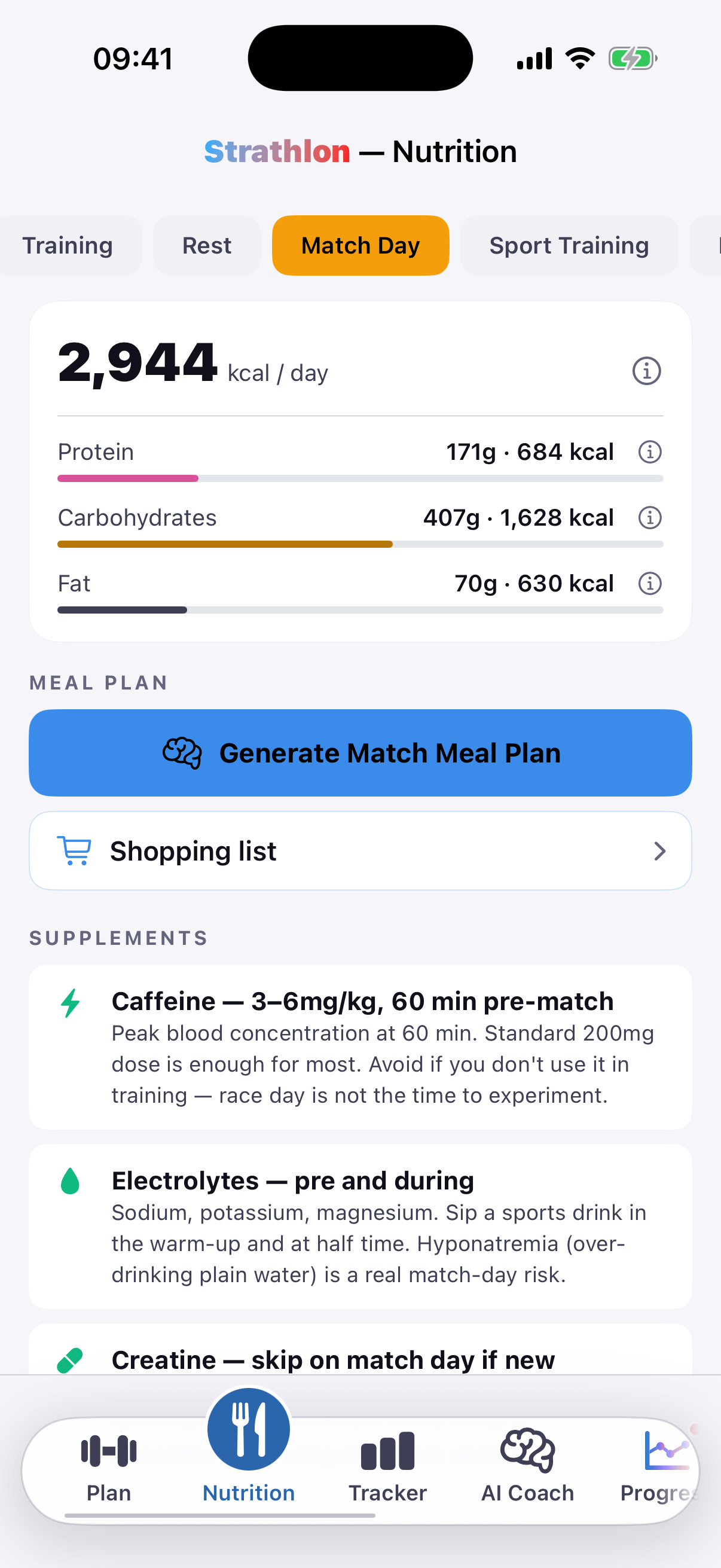Strathlon's Nutrition tab showing calorie and macro targets for a handball day