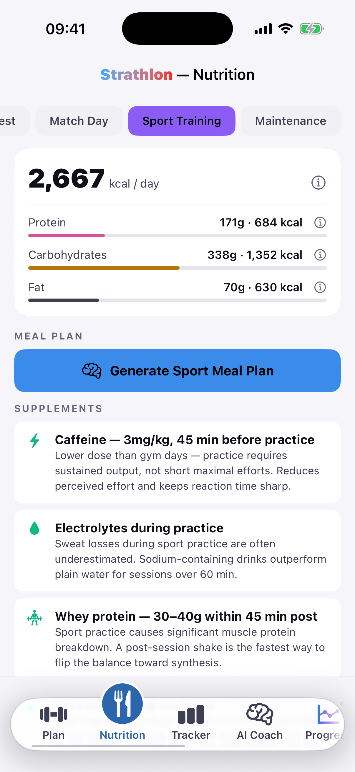 Strathlon's Nutrition tab showing padel day calorie and macro targets