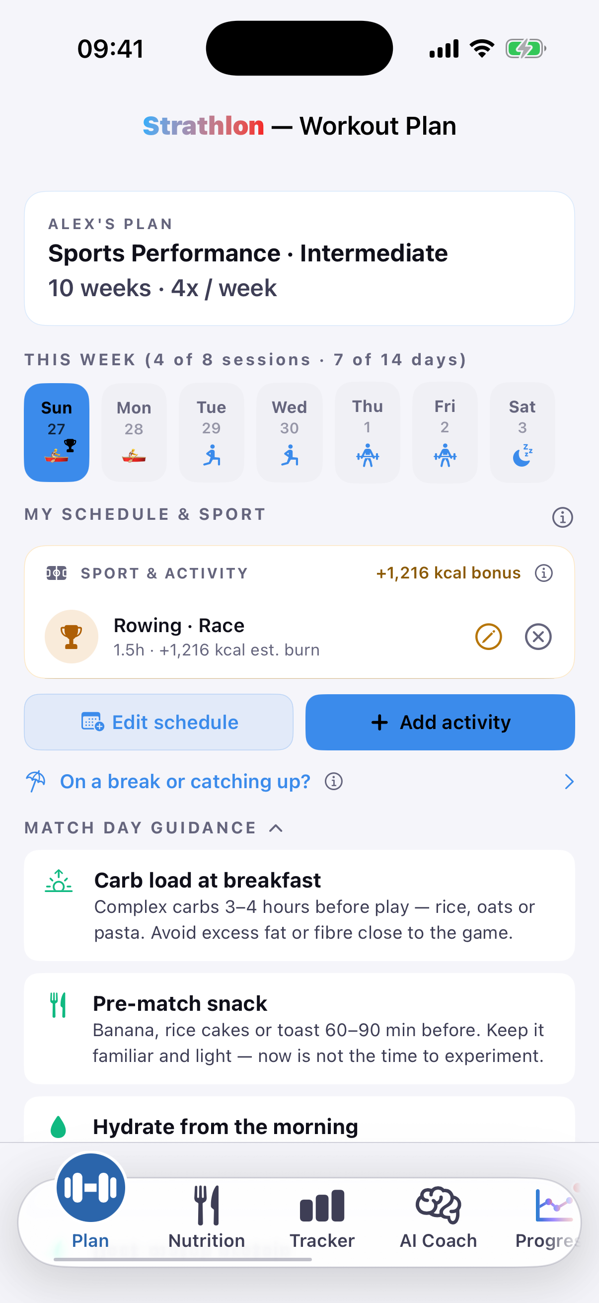 Strathlon's Plan tab with a rowing session scheduled, showing its estimated calorie burn for the day