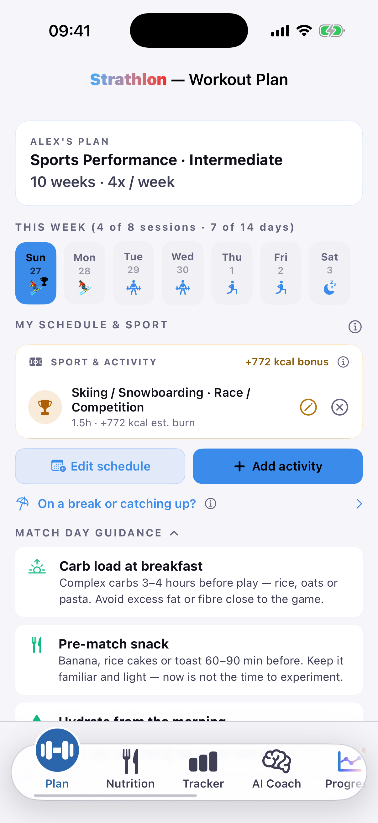 Strathlon's Plan tab with a skiing session scheduled, showing its estimated calorie burn for the day
