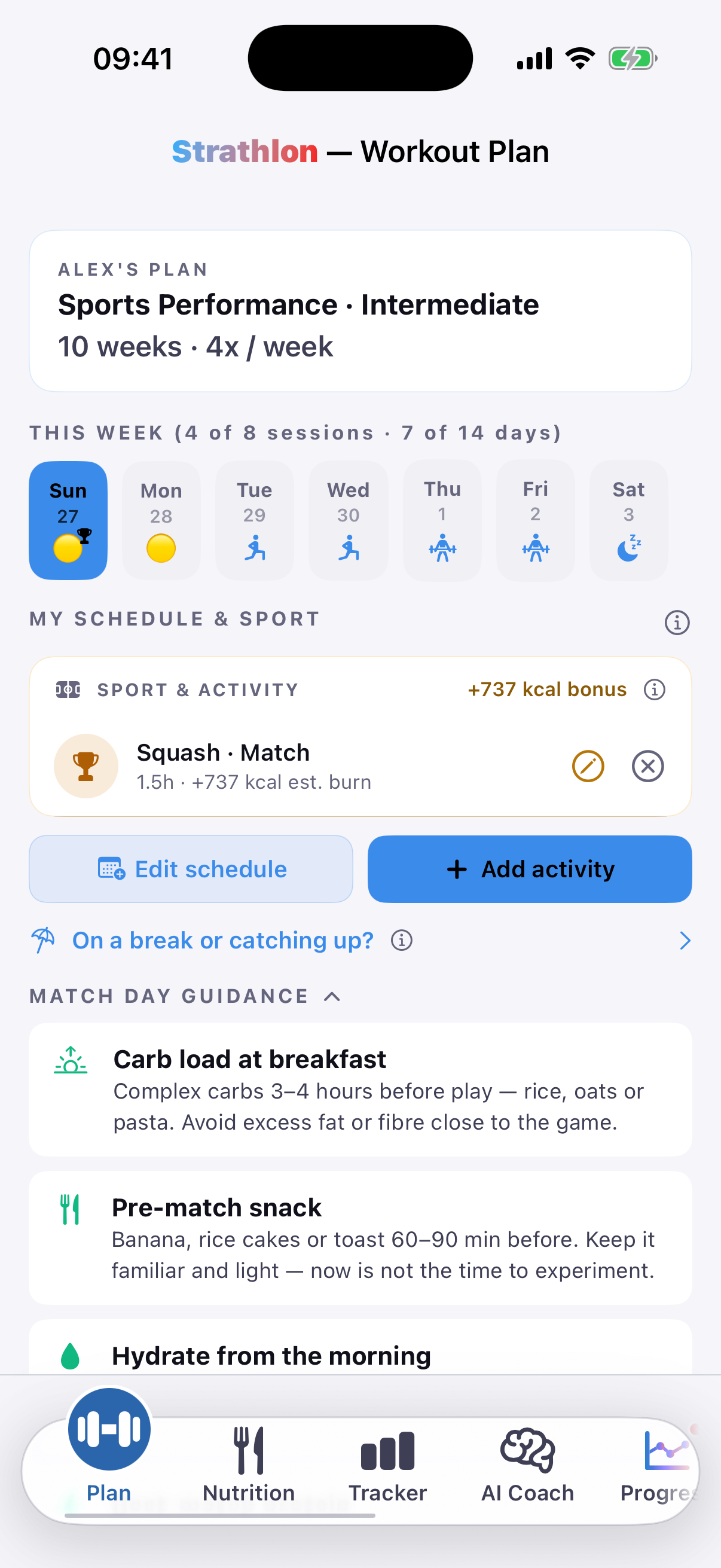 Strathlon's Plan tab with a squash session scheduled, showing its estimated calorie burn for the day