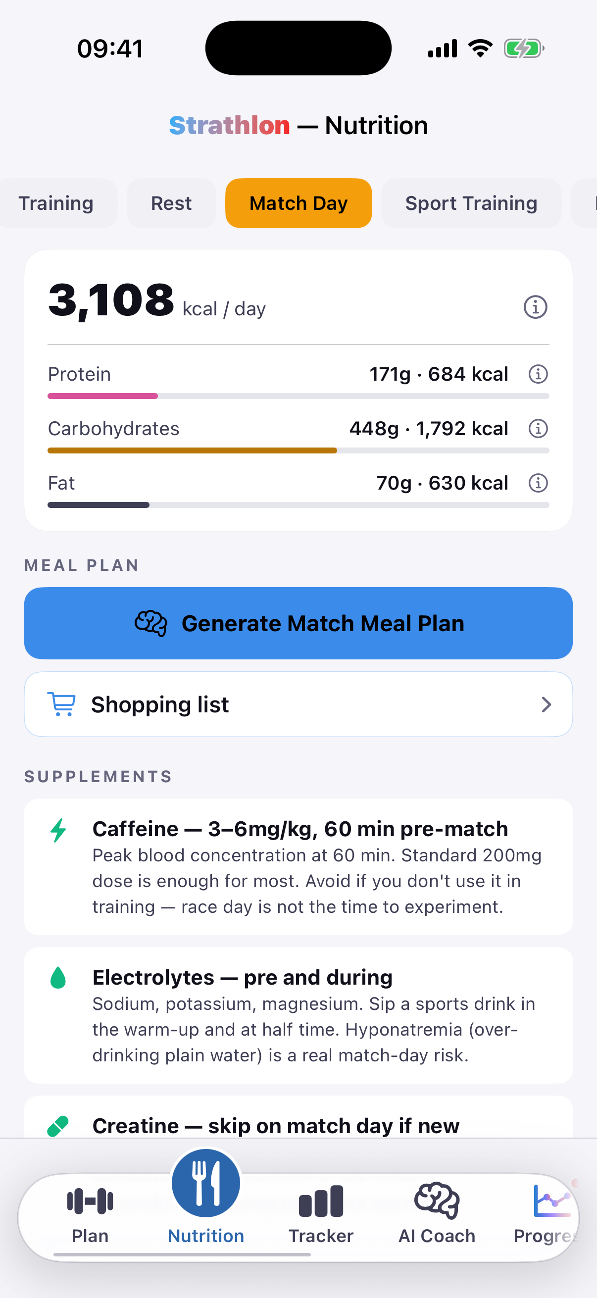 Strathlon's Nutrition tab showing match-day calorie and macro targets for squash