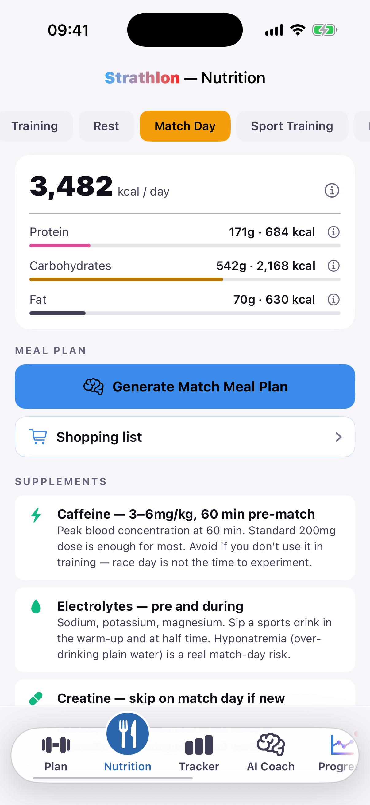 Strathlon's Nutrition tab showing the day's calorie and carbohydrate targets lifted for a swimming day