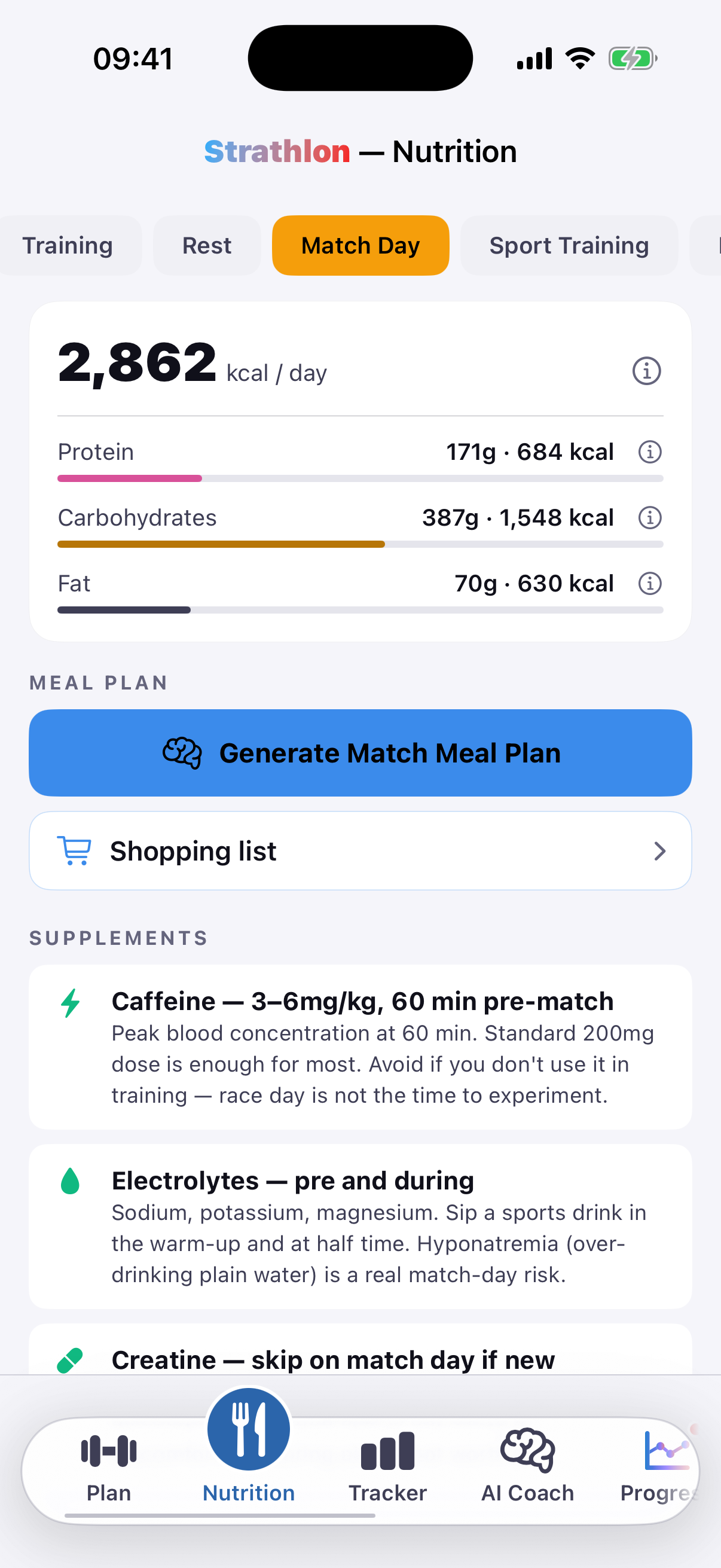 Strathlon's Nutrition tab showing Ultimate Frisbee match-day calorie and macro targets