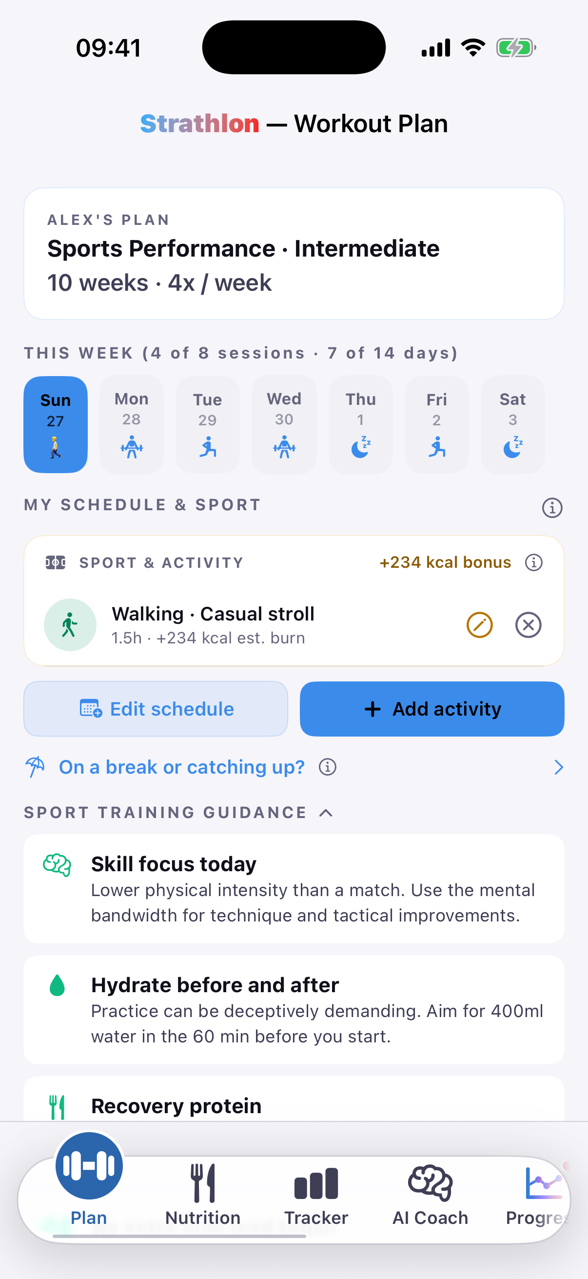 Strathlon's Plan tab with a Walking session scheduled, showing its estimated calorie burn for the day