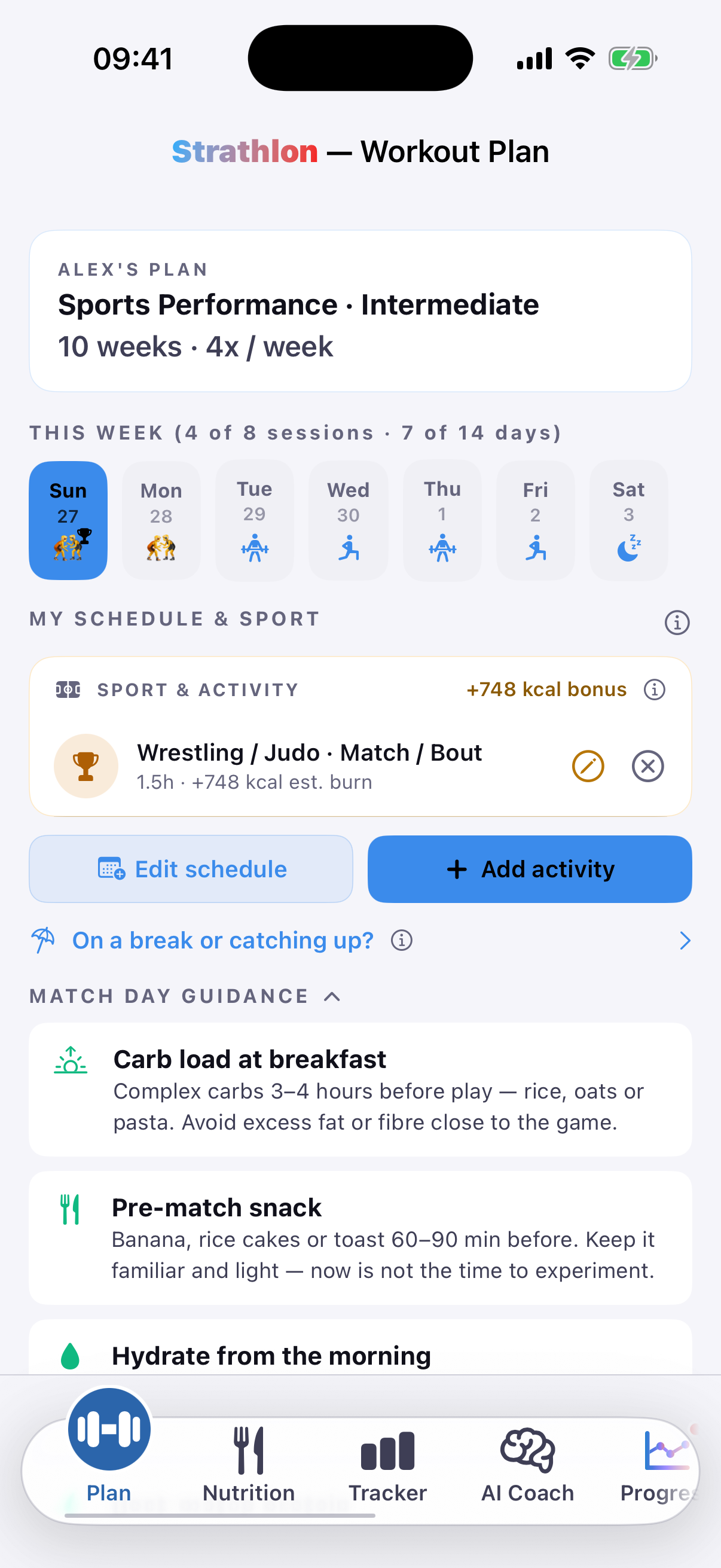 Strathlon's Plan tab with a Wrestling session scheduled, showing its estimated calorie burn for the day