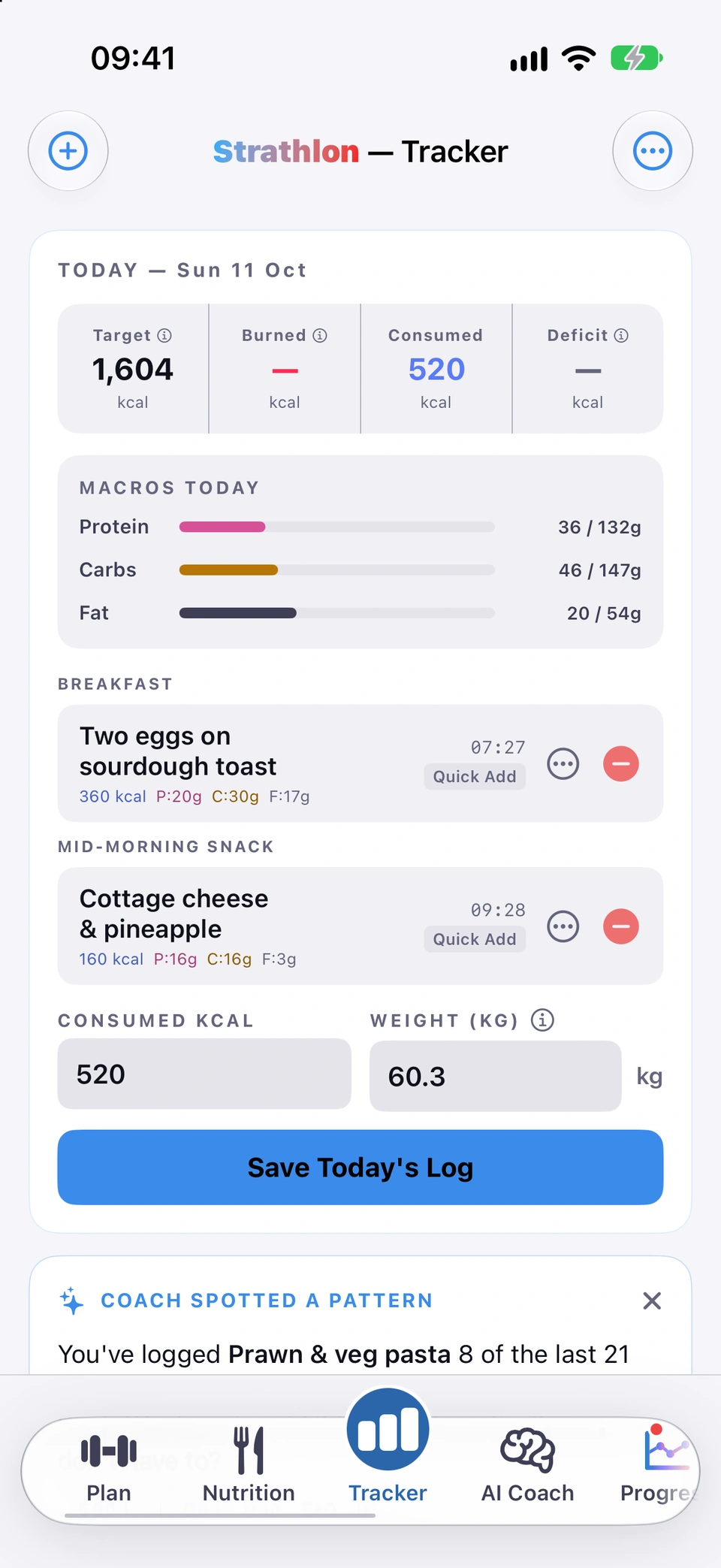 Strathlon Tracker, today: Target 1,604 kcal, Consumed 520 kcal; Macros today with protein 36 of 132 g, carbs 46 of 147 g, fat 20 of 54 g; Breakfast two eggs on sourdough toast, 360 kcal, and Mid-Morning Snack cottage cheese and pineapple, 160 kcal, both from Quick Add; Save Today's Log.