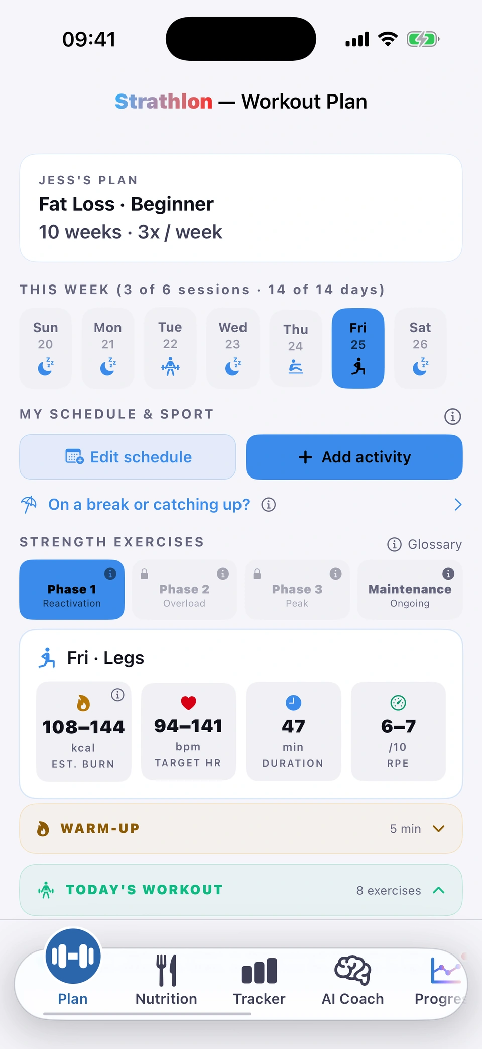 Strathlon Plan tab on the fat loss goal, scrolled from top to bottom: Jess's plan, Fat Loss, Beginner, 10 weeks, 3 times a week; this week's strip; Phase 1 Reactivation; Friday's Legs session, estimated burn 108 to 144 kcal, 47 minutes, RPE 6 to 7; Barbell Back Squat, Romanian Deadlift, Barbell Hip Thrust, Leg Extension, Seated Leg Curl and Hip Abduction Machine; and a core finisher.