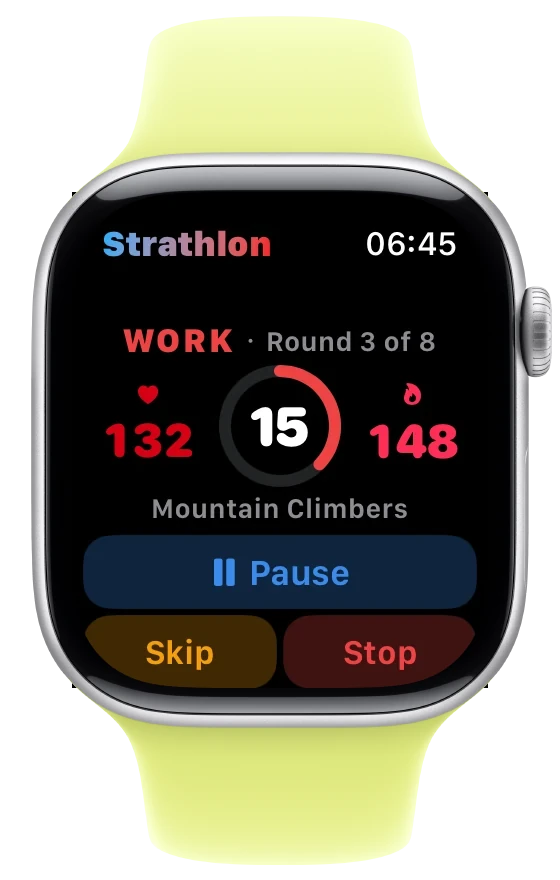 Strathlon on Apple Watch mid-interval: Work, round 3 of 8, 15 seconds left on the ring, heart rate 132, 148 kcal, Mountain Climbers, with Pause, Skip and Stop buttons. Silver Apple Watch with a neon yellow Sport Band.